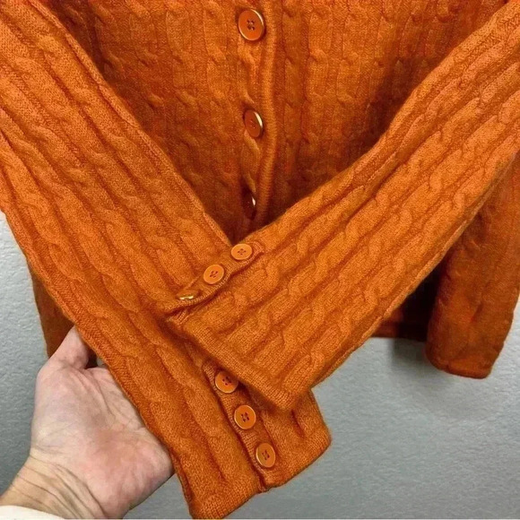 Talbots Cardigan Orange Merino Wool Cable Pattern Sweater Petite Medium - Picture 11 of 15